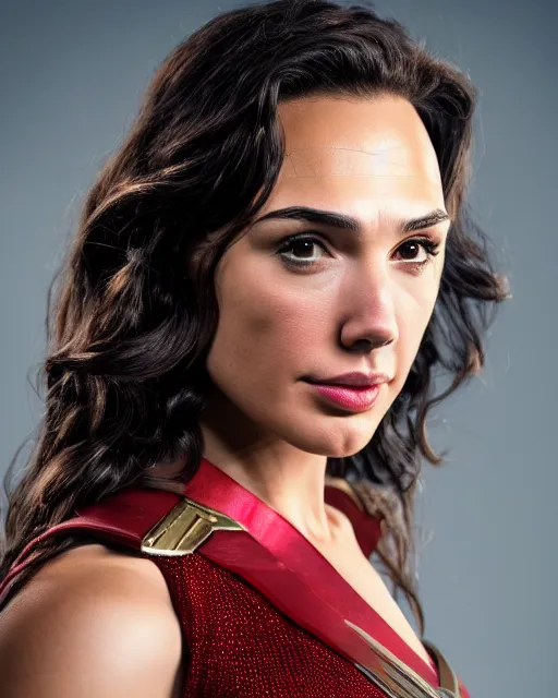 Image similar to headshot of beautiful actress gal gadot as wonder woman - raw, studio lighting, 8 k, photo shoot, 9 inch kershaw soft focus lens f / 5. 6