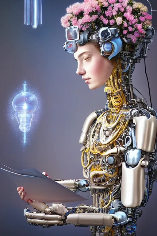 Image similar to a beautiful intricate fine art portrait photo of a happy mechanical futuristic cybernetic humanoid reading a letter of good news, by tom bagshaw and anna dittman, eyes light up, perfection!, studio lighting, golden ratio composition, 3 5 mm lens, bionic robot overgrown with flowers, cybernetic scifi, deep depth of field, artstation, 8 k