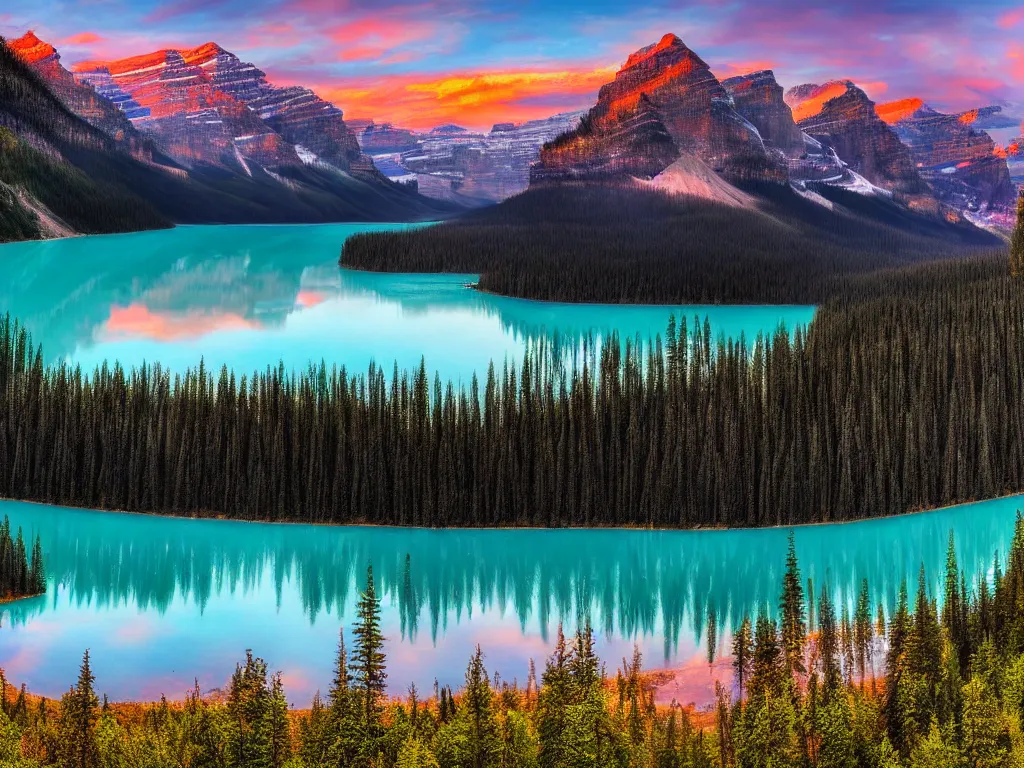 Image similar to lake louise panaroma at dawn detailed luminescent oil painting 4 k