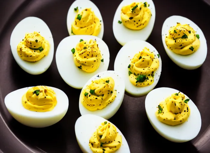 Image similar to dslr food photograph of a deviled eggs, 8 5 mm f 1. 8