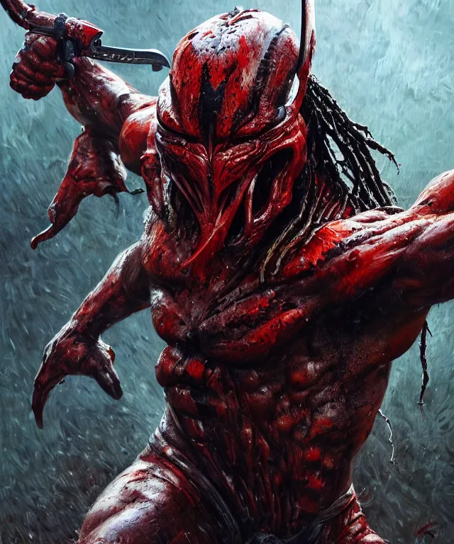 Prompt: an action shot of the predator by chris ayers, oil on canvas, deep depth field, masterpiece, by ken barthelmey and stan winston, trending on artstation, featured on pixiv, cinematic composition, hyper - detailed, hd, hdr, 4 k, 8 k