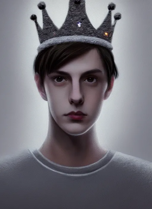 Image similar to portrait of teenage jughead jones wearing a light grey crown, photorealistic, crown made of fabric, simple crown, crown made of felt, black hair, intricate, elegant, highly detailed, digital painting, glowing lights, artstation, concept art, smooth, sharp focus, illustration, art by wlop, mars ravelo and greg rutkowski