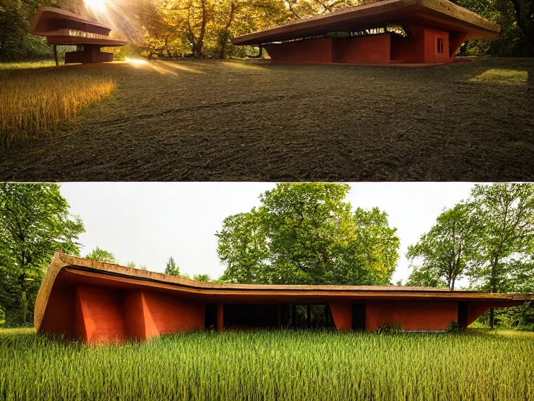 Image similar to hyperrealism design by frank lloyd wright and kenzo tange photography of beautiful detailed small house with many details around the forest in small detailed ukrainian village designed by taras shevchenko and wes anderson and caravaggio, wheat field behind the house, volumetric natural light