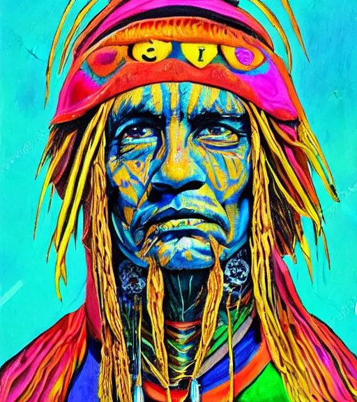 Image similar to Portrait painting in a style of Alex Grey of an old shaman dressed in a colorful traditional clothes.