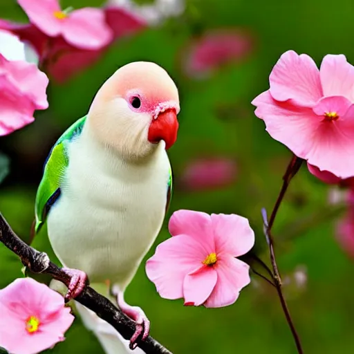 Prompt: a pink and white rosy - faced lovebird eating a old man in a flower garden on a cloudy day. photograph