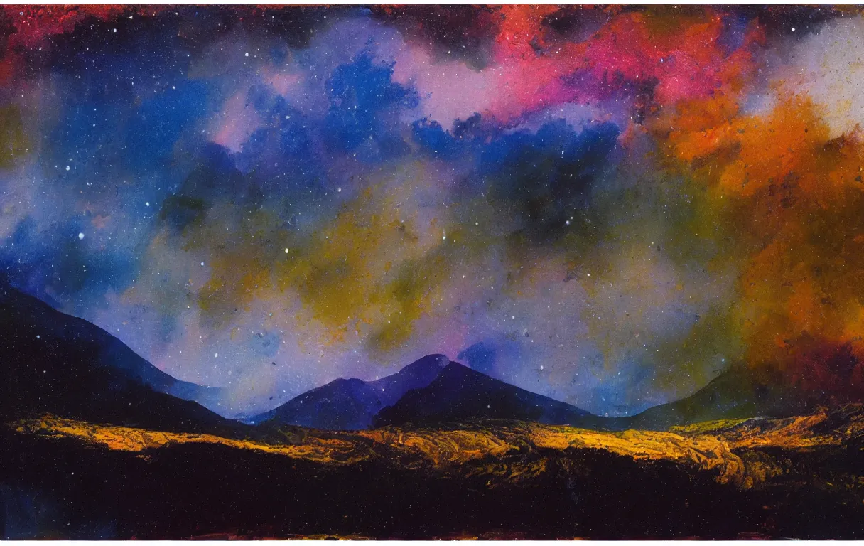 Image similar to Realist colorful impasto painting of the Salmon River mountain valley at midnight by John Harris, stars and nebulae in the inky black sky reflect on the darkest blue river surface, 4k scan, very beautiful, oil on canvas, diagonal brushstrokes