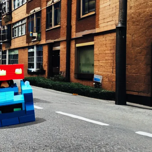 Prompt: photo of a car made out of lego driving down a city street in the daytime and leaving a trail of blue in its path