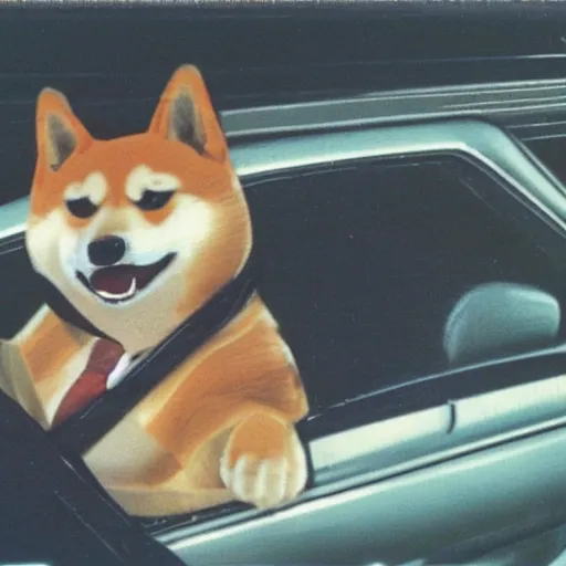 Image similar to cartoon of a shiba inu driving a car, 1977 picture, polaroid, nostalgic feeling