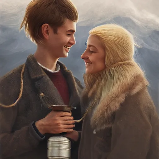 Prompt: a highly detailed portrait of a young couple from the side, holding a tin can, renote icelandic village, summer, blonde hair, muted colors, joy, by tom bagshaw, trending on artstation,