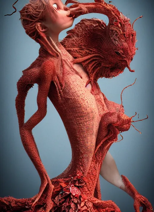 Prompt: hyper detailed 3d render like a Oil painting - very coherent Concrete profile (a beautiful fae princess protective playful expressive acrobatic from dark crystal that looks like Anya Taylor-Joy) seen red carpet photoshoot in UVIVF posing in scaly dress to Eat of the Strangling network of yellowcake aerochrome and milky Fruit and His delicate Hands hold of gossamer polyp blossoms bring iridescent fungal flowers whose spores black the foolish stars by Jacek Yerka, Ilya Kuvshinov, Mariusz Lewandowski, Houdini algorithmic generative render, golen ratio, Abstract brush strokes, Masterpiece, Victor Nizovtsev and James Gilleard, Zdzislaw Beksinski, Tom Whalen, Mark Ryden, Wolfgang Lettl, hints of Yayoi Kasuma and Dr. Seuss, Grant Wood, octane render, 8k