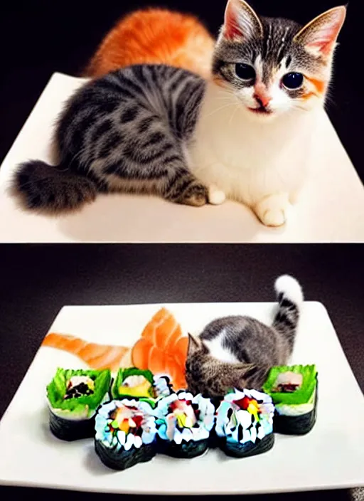 Image similar to clear photorealistic picture of adorable cats made out of sushi