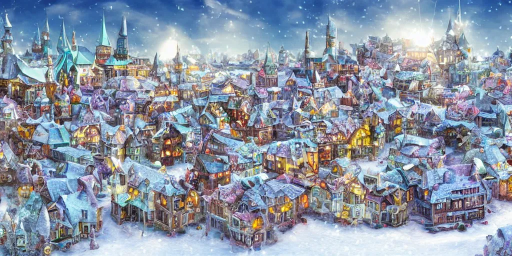 Image similar to Distorted Fantasy town covered in clear translucent snow