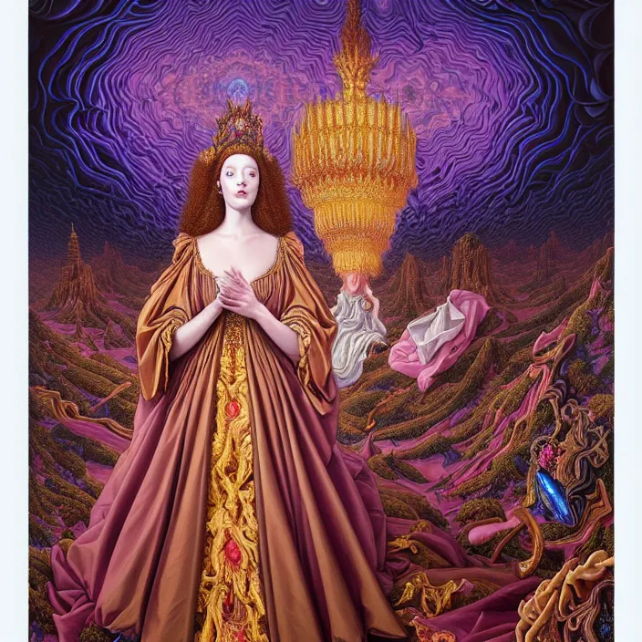 Image similar to beautiful oil painting, full length portrait of dauphinois in baroque coronation robes 1701, Dan Mumford, Dan Mumford, Alex grey, hyacinthe rigaurd, highly detailed , lsd visuals, dmt fractal patterns, hallucinogen, visionary art, psychedelic art, ornate, vaporwave, baroque, Greg rutkowski