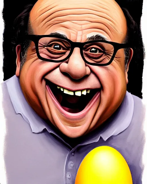 Image similar to painting portrait of danny devito as an egg, cartoon, warm lighting, danny devito has an egg body, movie poster, illustration by bartek fedyczak, erak note, tooth wu, neil richards, kan liu, siwoo kim, jisu choe, trending on art station