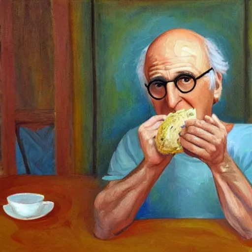 Prompt: Larry David eating a bagel in the style of Picasso, oil painting