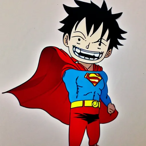 Image similar to die cut sticker, luffy is superman, splatter paint on paper