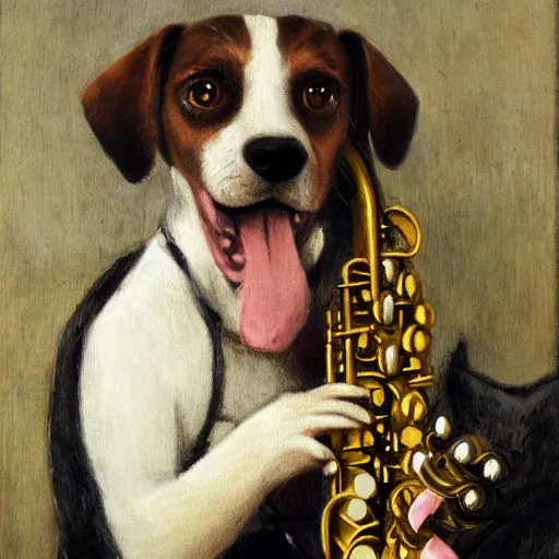 Prompt: dog playing the saxophone, sitting on the couch, medieval portrait, impressionism, close up