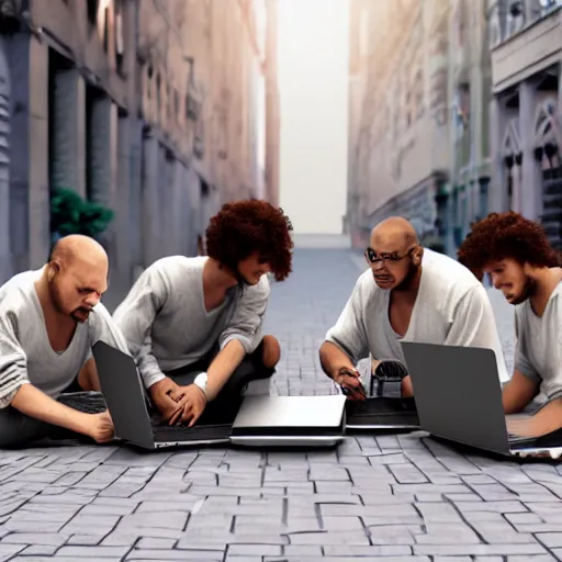 Image similar to a group of realistic bums on street using laptops with blender 3 d logotype on laptop, highly detailed, intricate, sharp focus, digital art, 8 k