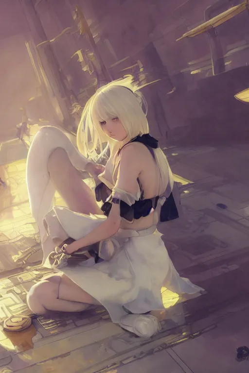Prompt: a white haired girl with a guitar on her back sitting on the floor taking off her socksand eye - catching yellow assents, s line, 4 5 angel by krenz cushart and mucha and akihito yoshida and greg rutkowski, nier : automata inspired, 4 k resolution