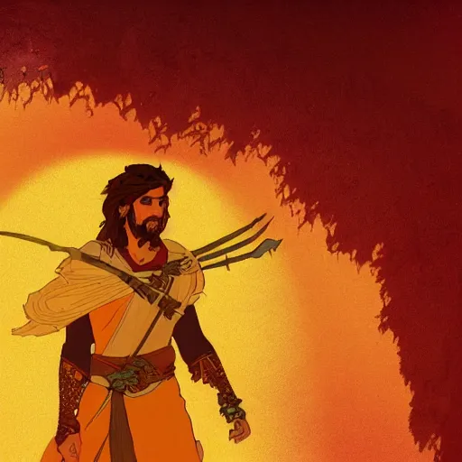 Prompt: an ultra detailed vector image of the prince of persia dressed as bob ross, concept art by alphonse mucha and greg rutkowski, bright red desert sands, bright yellow and red sun, octane render, praise the sun