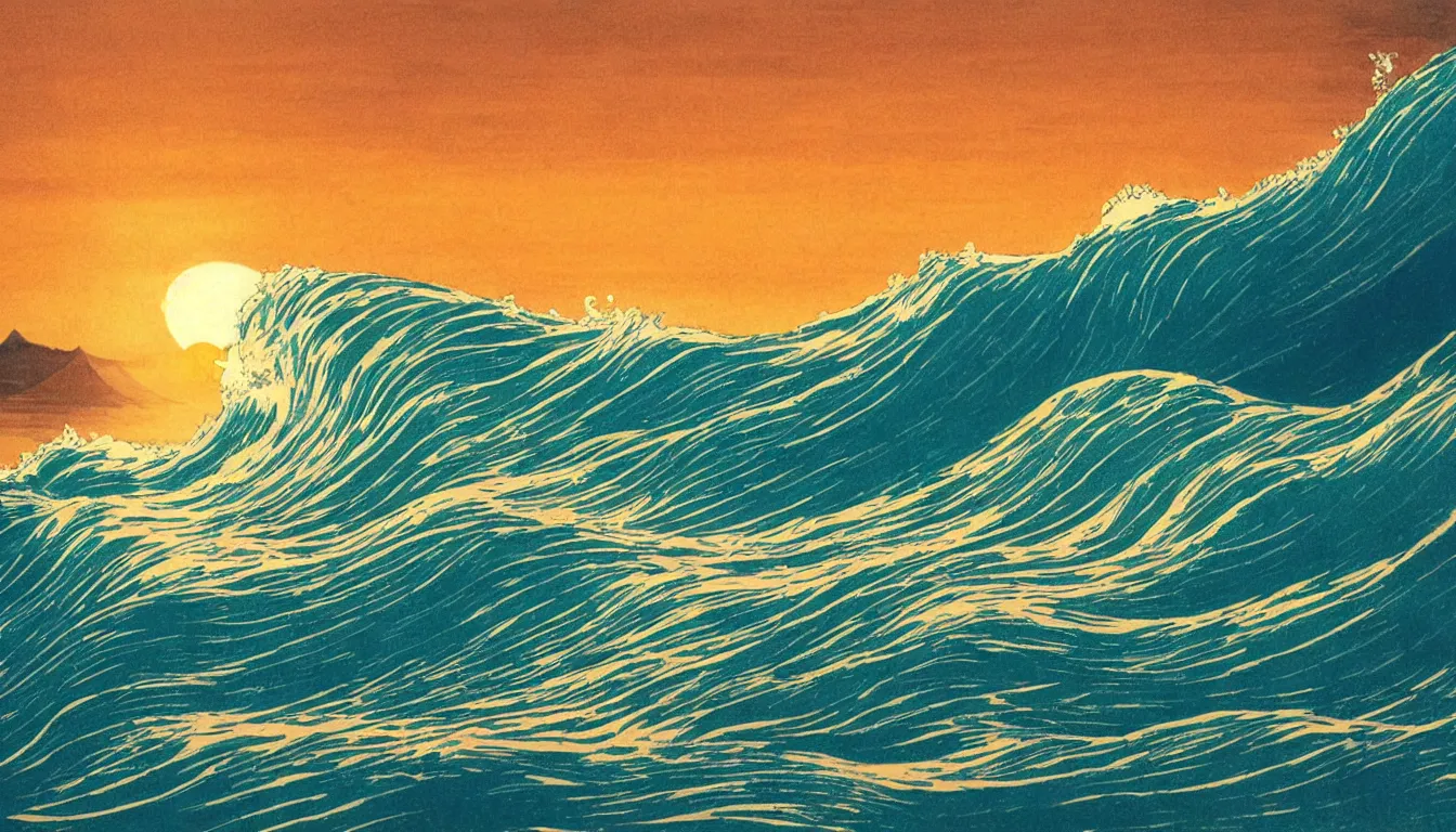 Prompt: ocean waves, setting sun, japanese illustration