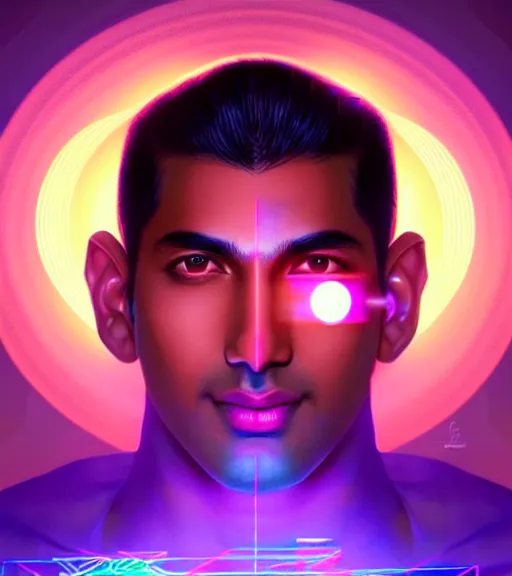 Image similar to symmetry!! indian prince of technology, solid cube of light, hard edges, product render retro - futuristic poster scifi, lasers and neon circuits, brown skin handsome indian prince, intricate, elegant, highly detailed, digital painting, artstation, concept art, smooth, sharp focus, illustration, dreamlike, art by artgerm