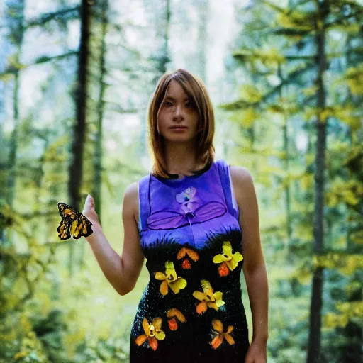 Prompt: Cottagecore Cyberpunk 20's Pretty Girl Portrait, Short Hair, Scientist, Nature, Flower Butterfly Vest, Cinestill 800T, Cyberpunk Makeup, Butterfly, Flowers, Halo, Neon, Ultraviolet, Pine, Cottage Hippie Naturalist, Future activist, Skyscraper Forest Community, award-winning, fine art, beautiful, clear view painting by Gaston Bussiere