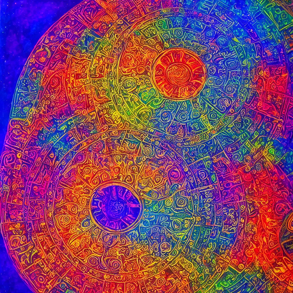 Image similar to great wheel cosmology divine realms mandala celestial and infernal essence lunar mythos solar mythos, award winning painting, chromatic aberration sharp color palette