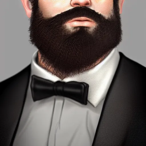 Prompt: a highly detailed portrait of a man, with a brown short beard and hair, blue eyes, wearing a tuxedo, artstation, deviantart, professional, unreal engine 5, photorealistic