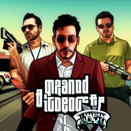 Prompt: Markiplier in a GTA 5 cover art style, highly detailed, trending on art station