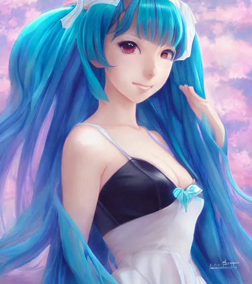 Prompt: Anime art very beautiful Hatsune miku by artgerm, Gil Elvgren, Vladimir Volegov, Earl Moran, Enoch Bolles, symmetrical shoulders