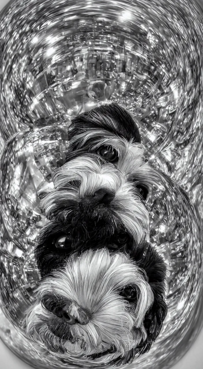 Image similar to fish eye lens portrait of one havanese dog reflected in a chrome sphere, ultra wide 8 mm, by m c escher pen and paper