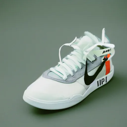 Prompt: a studio photoshoot of A Nike sneaker designed by Virgil Abloh, Off-White, realistic, color film photography by Tlyer Mitchell, 35 mm, graflex