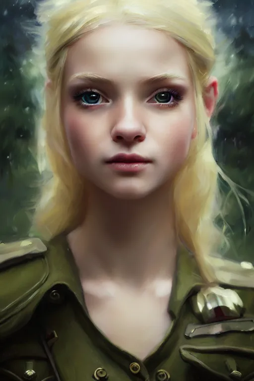 Prompt: cinematic shot of an epic portrait of a cute blonde fairy dressed in military clothes, stylised military clothes, shiny skin, beautiful eyes, beautiful, small details, night setting, realistic poster with volumetric light from jeremy lipkin and michael garmash, craig mallism, artgerm, unreal engine, radiant light, digital art, trends at art station, a masterpiece