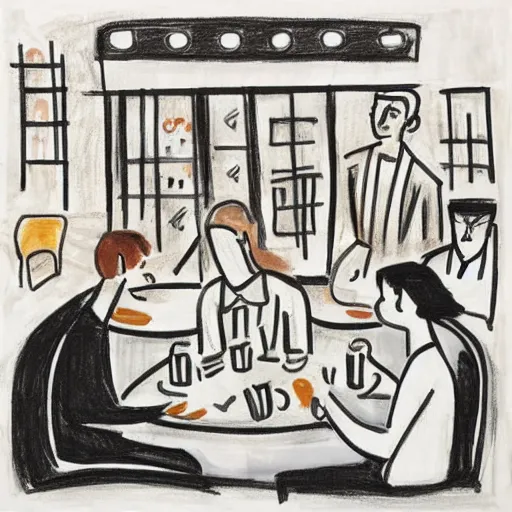 Image similar to The drawing shows four people sitting in a diner late at night. The people in the drawing look tired and lonely. The drawing is set in New York City and shows the city's skyline in the background. figurativism by Etel Adnan, by Vytautas Kairiukstis unplanned, riotous