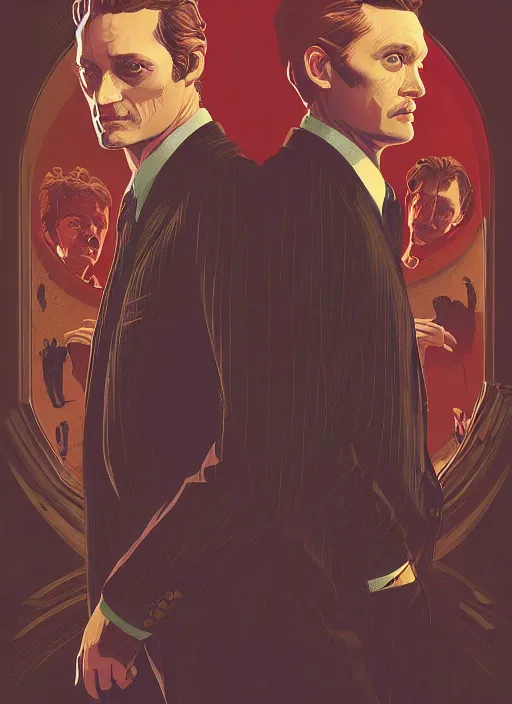 Image similar to poster artwork by Michael Whelan, Bob Larkin and Tomer Hanuka, Karol Bak of portrait of Hugh Dancy & Mads Mikkelsen arm around each other, chaperoning the school dance, from scene from Twin Peaks, simple illustration, domestic, nostalgic, from scene from Twin Peaks, clean