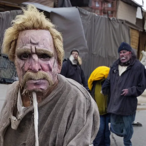 Image similar to donald trump dressed as a homeless man living in the slums