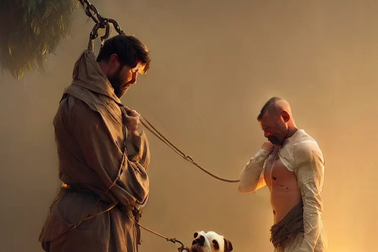 Image similar to a man tied to a pillar and jack russel terrier pissing on him, highly detailed, hyperrealistic digital painting, artstation, concept art, smooth, sharp focus, illustration, cinematic lighting, art by artgerm and greg rutkowski and alphonse mucha