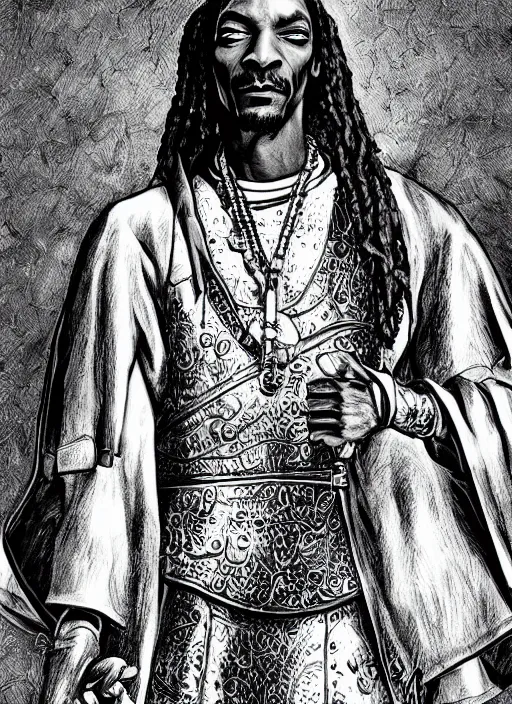 Image similar to Snoop Dogg as a knight, highly detailed, black and white, manga, art by Kentaro Miura