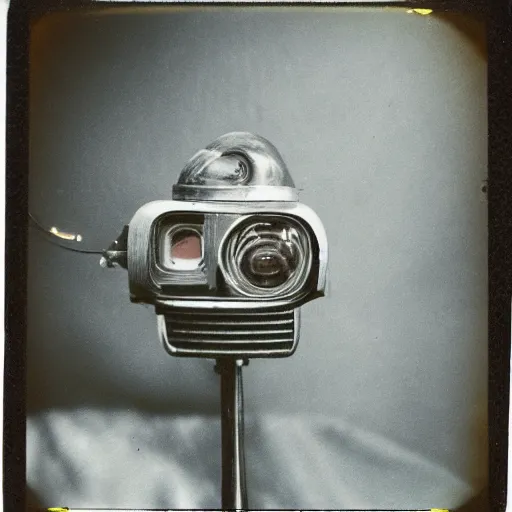 Prompt: old polaroid depicting a small intricate metallic alien probe, on a clearing