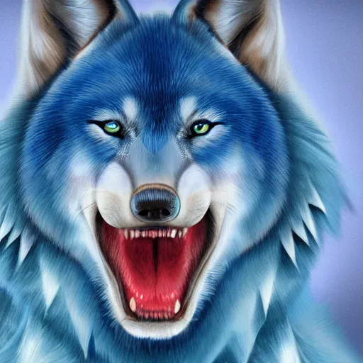 Prompt: a digital painting of a blue wolf, it has sharp teeth and blood on its fur