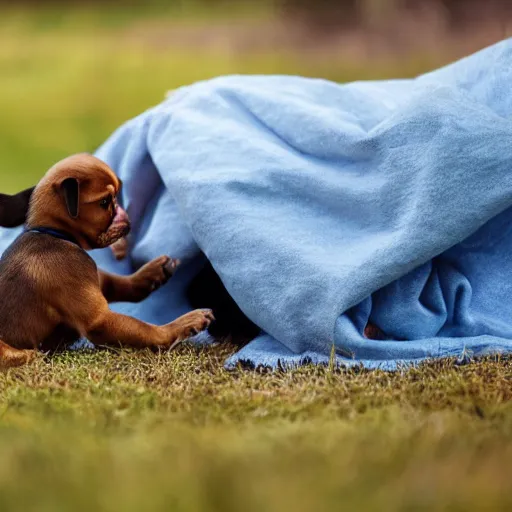 Image similar to two puppies fighting under a blanket