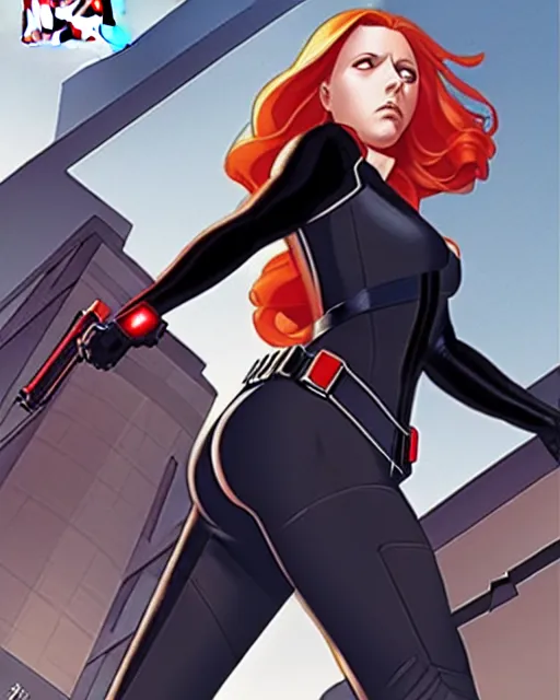 Image similar to phil noto comicbook cover art, black widow marvel, symmetrical eyes, long red hair, full body, city rooftop