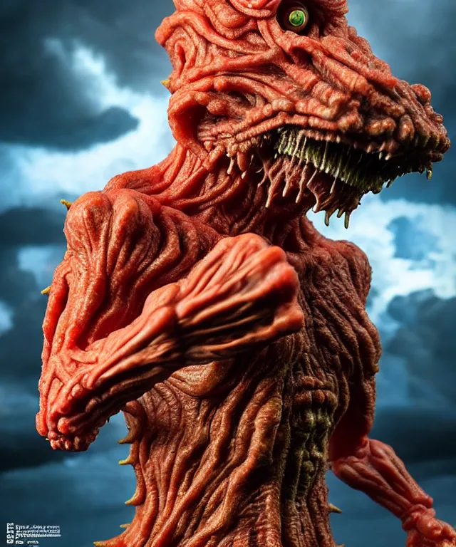 Prompt: hyperrealistic rendering, epic boss battle, cronenberg flesh monster, by art of skinner and richard corben, product photography, collectible action figure, sofubi, hottoys, storm clouds, outside, lightning