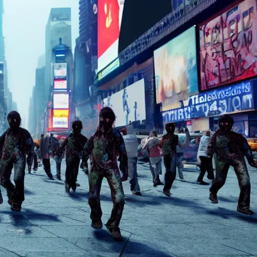Prompt: Zombies walking in Times Square, realistic artstyle, wide shot, dramatic lighting, octane render, hyperrealistic, high quality, highly detailed, HD, beautiful, cinematic, 8k, unreal engine, facial accuracy, symmetrical