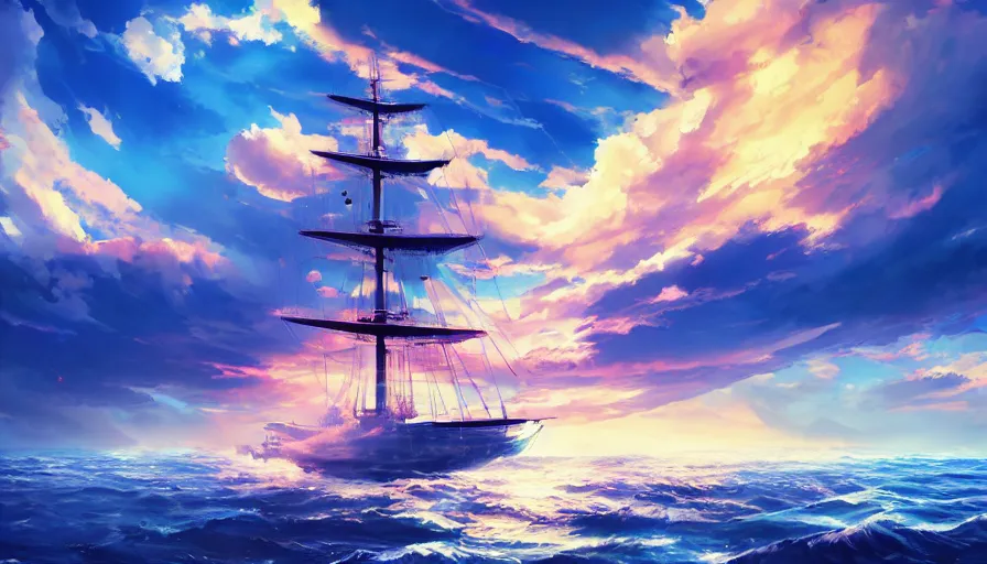 Image similar to one piece ship sailing, dynamic sky, sun sunset, with blue light piercing through clouds, makoto shinkai, royal blue colors, lighting refraction, volumetric lighting, pixiv art, highly detailed, anime art, symmetrical, wlop, anime art