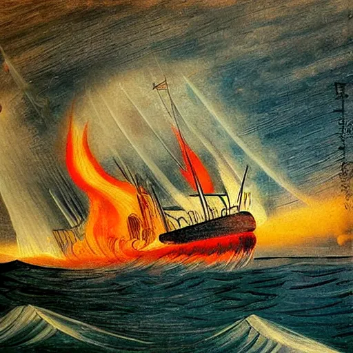 Prompt: large ship being tossed about in a fiery storm in the sea, dark, low light, terrifying, beautiful, picasso painting