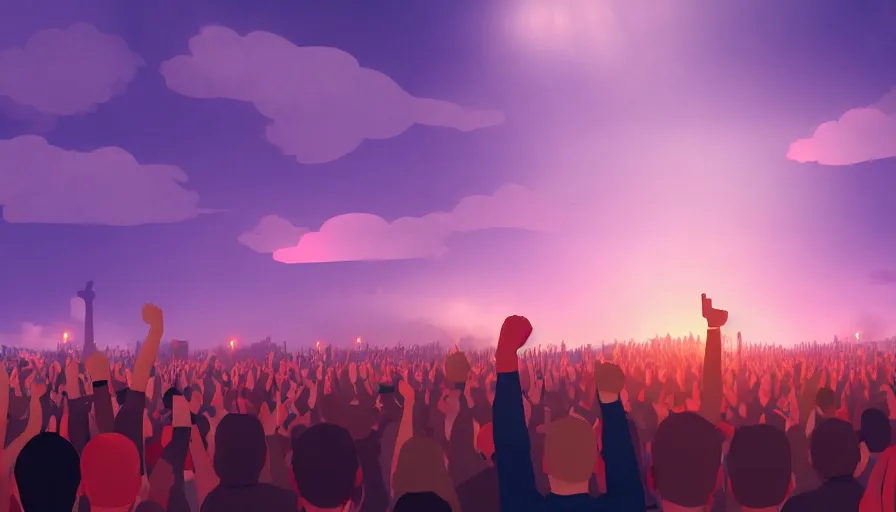 Image similar to digital art of a panicked crowd pointing!! towards a glowing sky, raising their arms, volumetric lighting, nasty, hyperdetailed, realistic