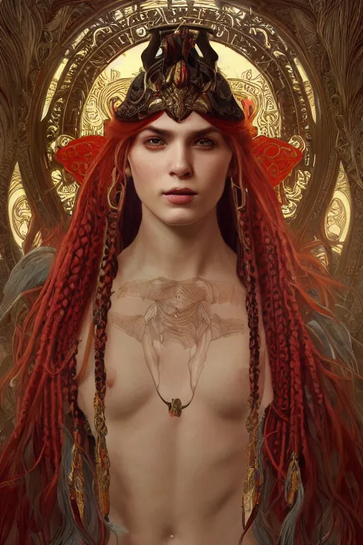 Prompt: 3 / 4 portrait, beautiful, man with scales on arms and face, two pairs of horns, in white and opal armor, fantasy, red intricate long braids, ornate jewelry, by greg rutkowski, alphonse mucha, very detailed, 8 k, unreal engine 5, cinematic