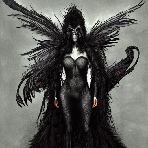 Image similar to young innocent jennifer connelly as alien bird - woman, gray skin, wearing black hooded cloak, huge wings, black feathers instead of hair, black feathers growing out of skin, bumpy skin, screaming, losing control, black feathers growing out of face, black hands with black claws, comic book, giger, mucha, trending on artstation